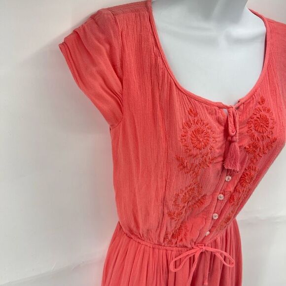 Hollister Mini Dress Floral Embroidered Button Stretch Elastic Waist coral small - Picture 10 of 15